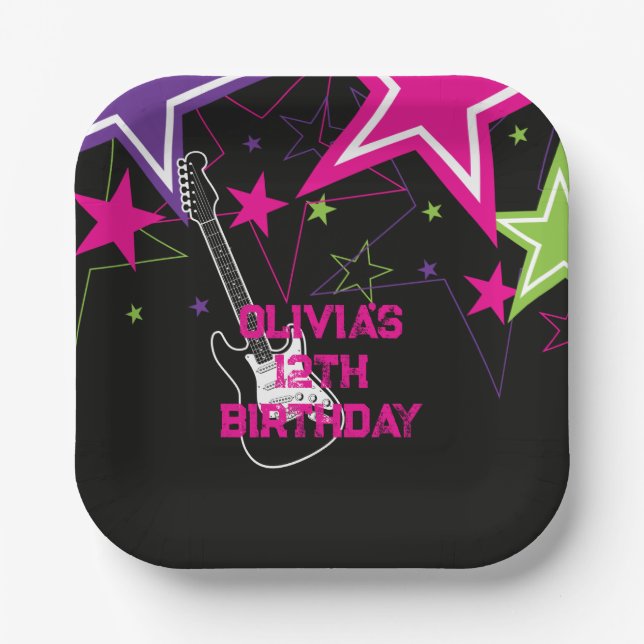 Assiettes En Carton Rock Star Anniversaire Guitare Stars rose violet (Recto)