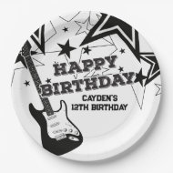Assiettes En Carton Rock Star Birthday Guitar Black White Stars