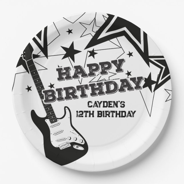 Assiettes En Carton Rock Star Birthday Guitar Black White Stars (Devant)