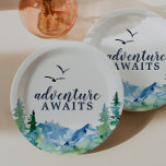 Assiettes En Carton Rocky Mountain Adventure Attend le Baby shower<br><div class="desc">Cette aventure de montagne rocheuse vous attend sur une plaque de papier baby shower est parfaite pour un baby shower en plein air. Le design comprend un paysage sauvage peint en bleu et vert avec des pins d'aquarelle,  des oiseaux et des montagnes.</div>
