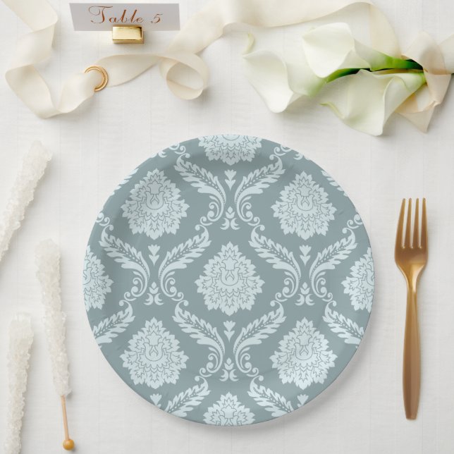 Assiettes En Carton Rococo Damask Pattern Duck Egg Blue+Teal (Mariage)