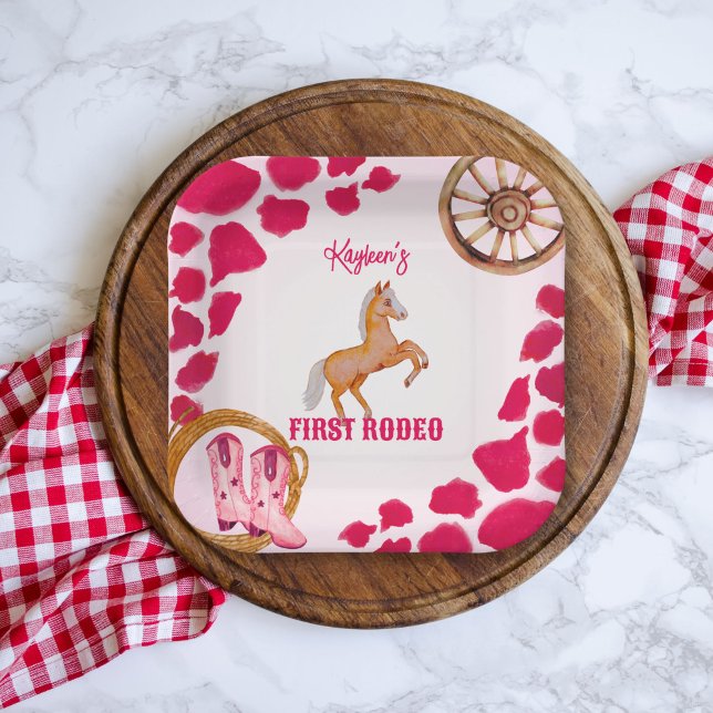 Assiettes En Carton Rodeo cowgirl anniversaire vache rose motif poney (Créateur téléchargé)