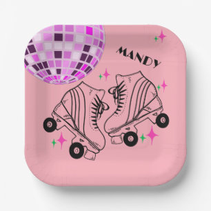 Assiettes En Carton Roller Skates Derby Patinage rose Disco Anniversai