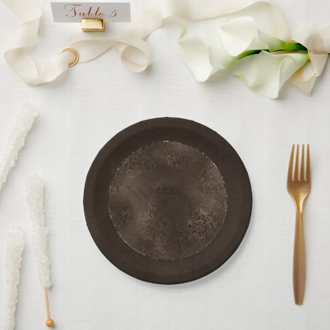 Assiettes En Carton Romance en bronze de minuit | Satiny Grunge Damask (Mariage)