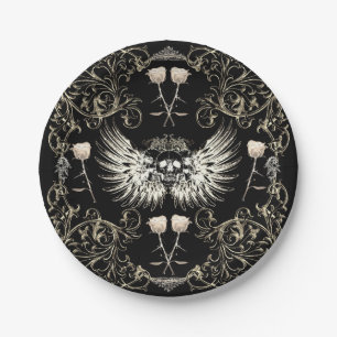 Assiettes En Carton Romance gothique victorien crâne ailes et roses bl
