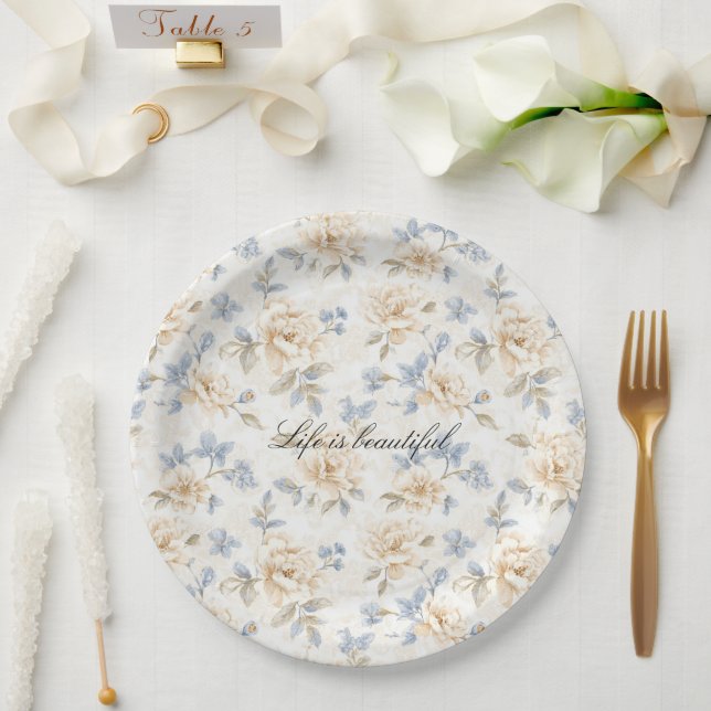 Assiettes En Carton Romantic Cream Floral Blue Leaves Wedding (Mariage)