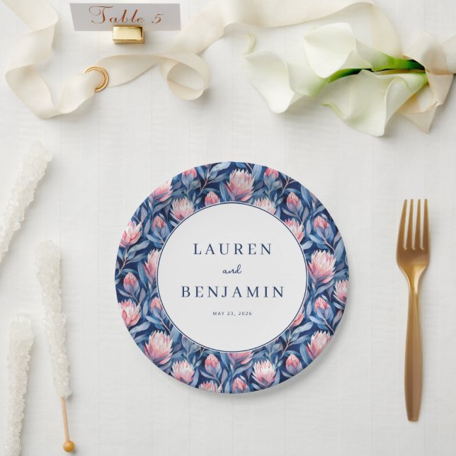 Assiettes En Carton Romantic Navy Floral Watercolor (Mariage)