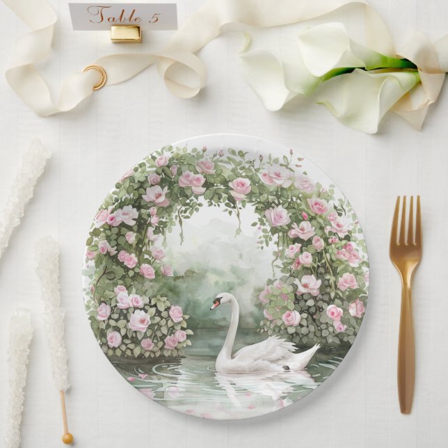 Assiettes En Carton Romantic Pink Roses Swan Lake Floral Bridal Shower (Mariage)
