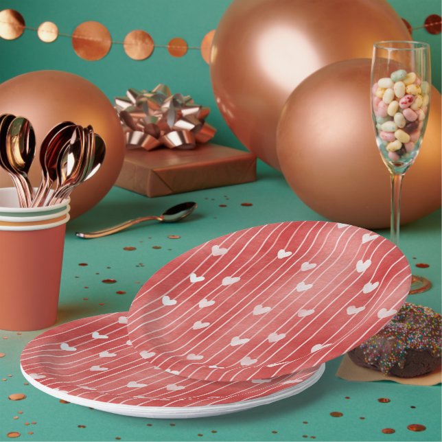 Assiettes En Carton Romantic Red White Stripes Hearts Love (Multi)