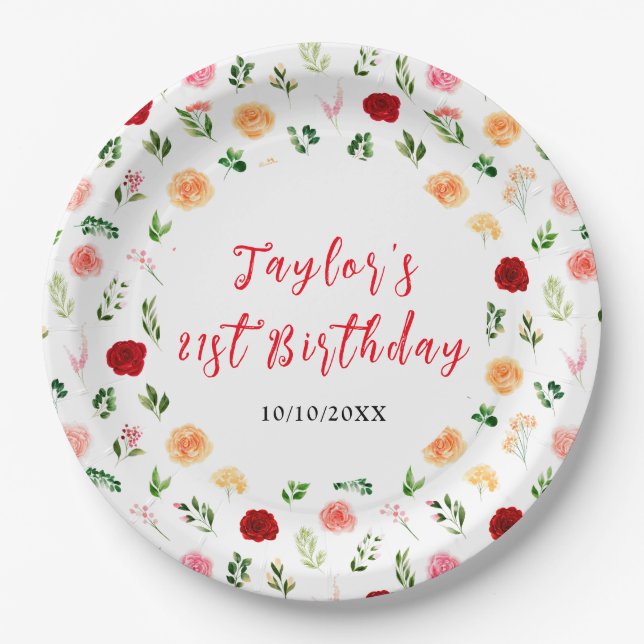 Assiettes En Carton Romantic Roses Floral Birthday (Devant)