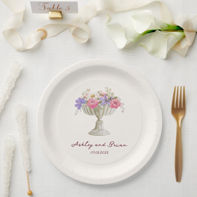 Assiettes En Carton Romantic Tuscan Garden Urn with Flowers Wedding (Mariage)