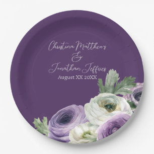 Assiettes En Carton Romantic Watercolor Ranunculus on Dark Purple