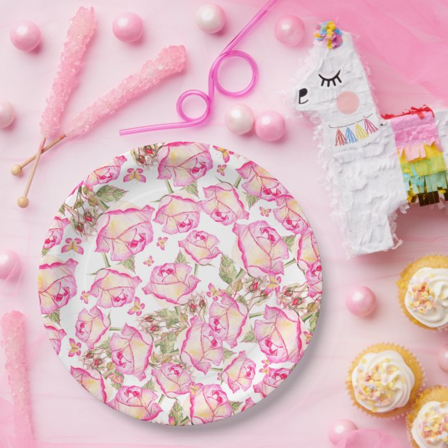 Assiettes En Carton Romantic white pink yellow summer rose floral (Fête)
