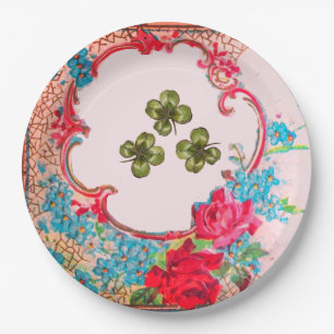 ASSIETTES EN CARTON ROMANTICA , FLEURS DE SAINT-PATRICK AUX TRÈFLES ET