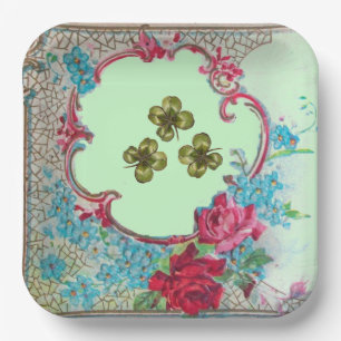 ASSIETTES EN CARTON ROMANTICA , FLEURS DE ST-PATRICK TRÈFLES ET ROSES