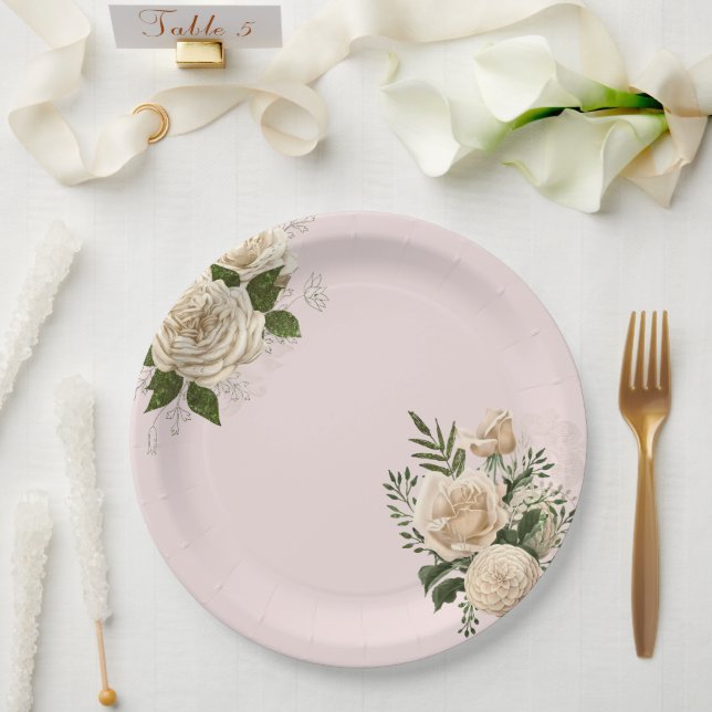 Assiettes En Carton Romantique Blush rose ivoire Mariage floral (Mariage)