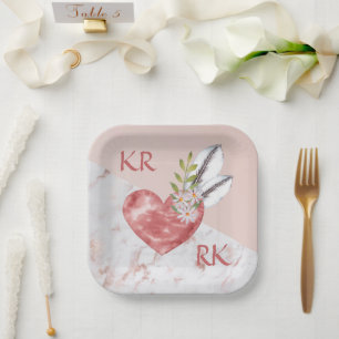 Assiettes En Carton Romantique Boho rose Coeur Plumes marbre marbré ma