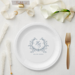 Assiettes En Carton Romantique Dusty Blue Monogram Crest Mariage