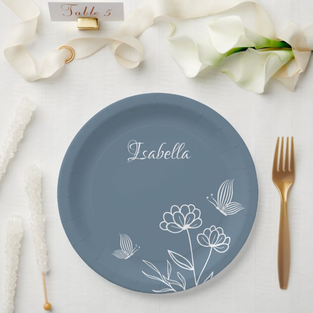 Assiettes En Carton Romantique élégant bleu foncé floral (Mariage)