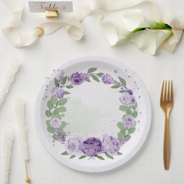 Assiettes En Carton romantique fleurs violettes vert feuille pap botan (Mariage)