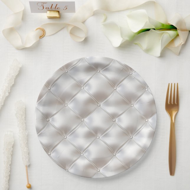 Assiettes En Carton Romantique Glam Blanc Faux Cuir (Mariage)