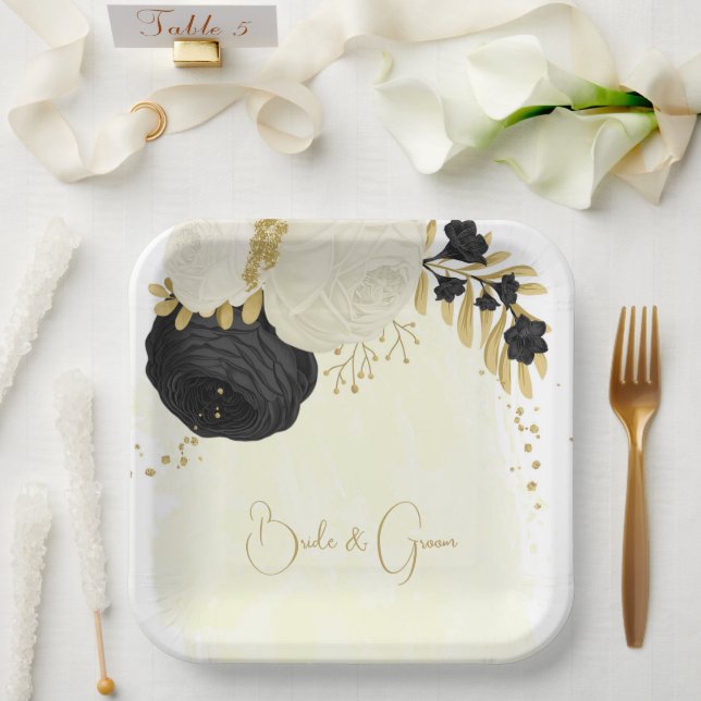 Assiettes En Carton Romantique noir & blanc fleurs or (Mariage)