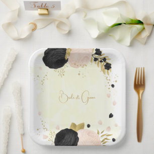 Assiettes En Carton Romantique noir & rose fleurs or mariage