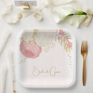 Assiettes En Carton Romantique rose & fleurs blanches or
