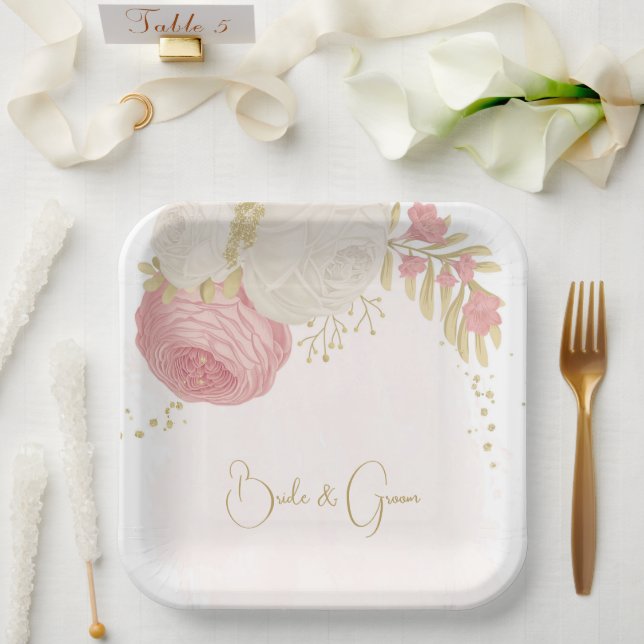 Assiettes En Carton Romantique rose & fleurs blanches or (Mariage)