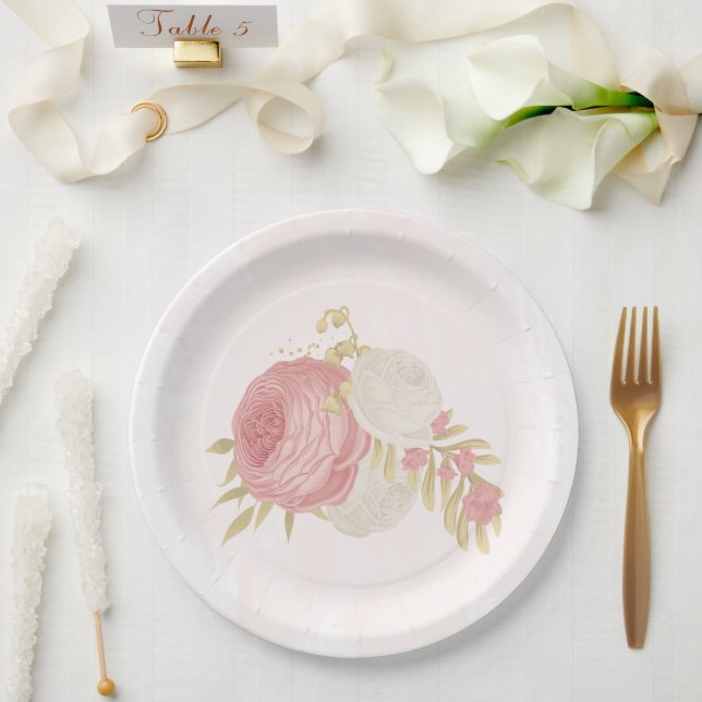Assiettes En Carton Romantique rose & fleurs blanches or (Mariage)