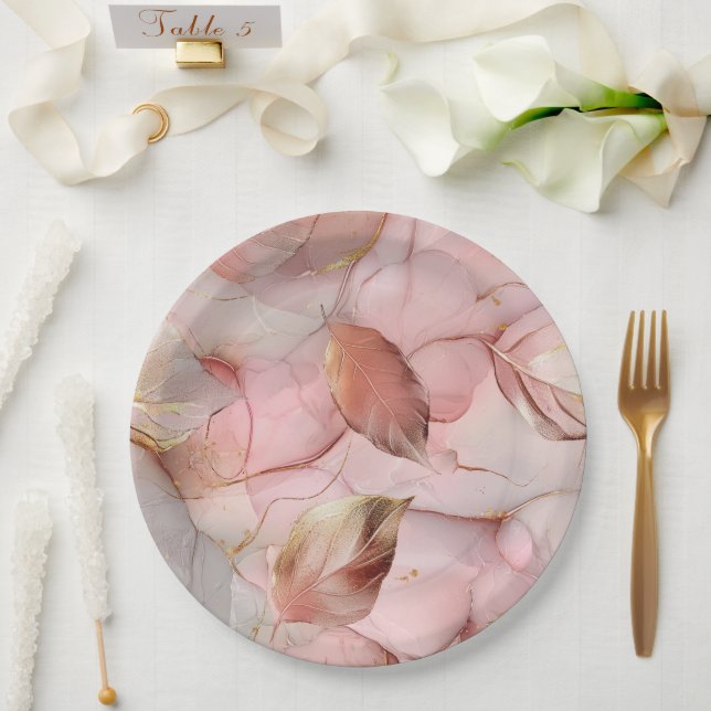 Assiettes En Carton Romantique Rose Teint Rose Feuille Or Lavage De No (Mariage)