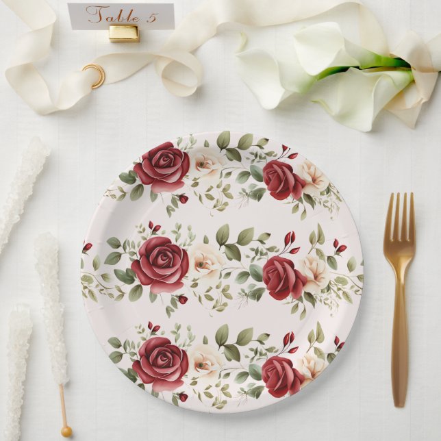 Assiettes En Carton Romantique Rouge Blush rose Roses Mariage (Mariage)