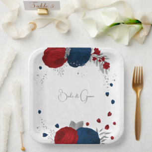 Assiettes En Carton romantique rouge & fleurs de marine argent botaniq