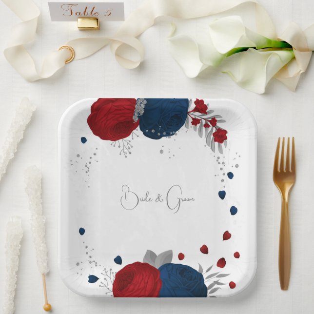 Assiettes En Carton romantique rouge & fleurs de marine argent botaniq (Mariage)