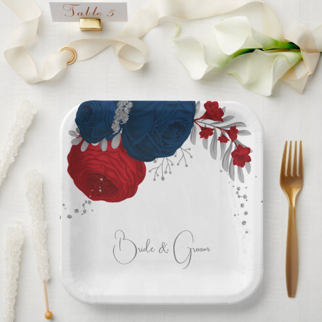 Assiettes En Carton romantique rouge & fleurs de marine argent papier  (Mariage)
