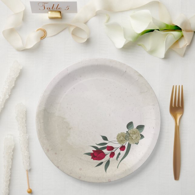 Assiettes En Carton romantique rouge & fleurs jaune pâle (Mariage)