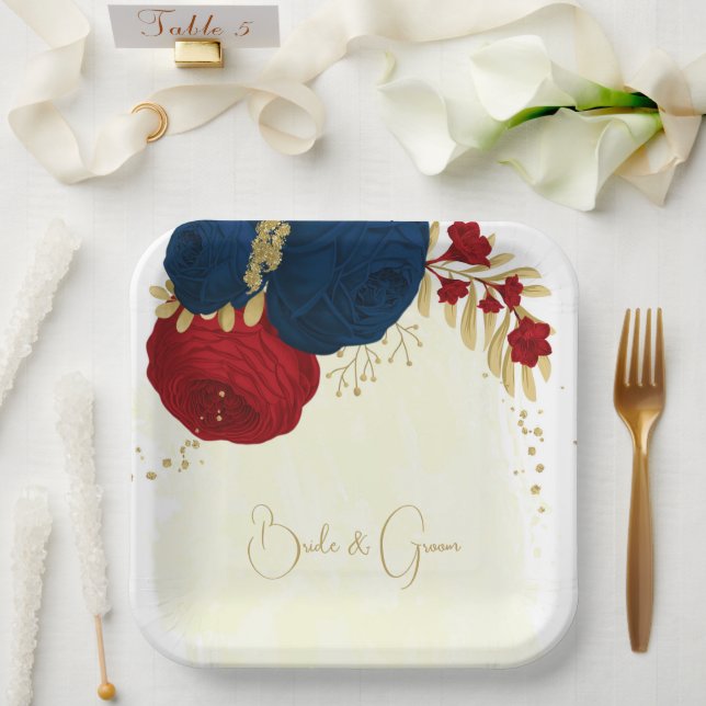 Assiettes En Carton Romantique rouge foncé & bleu marine fleurs or (Mariage)