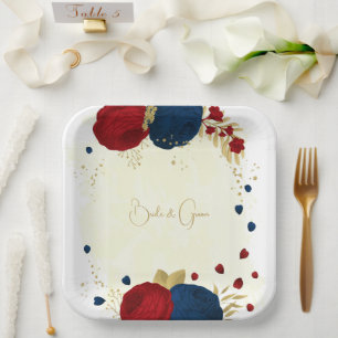 Assiettes En Carton Romantique rouge foncé & bleu marine fleurs or