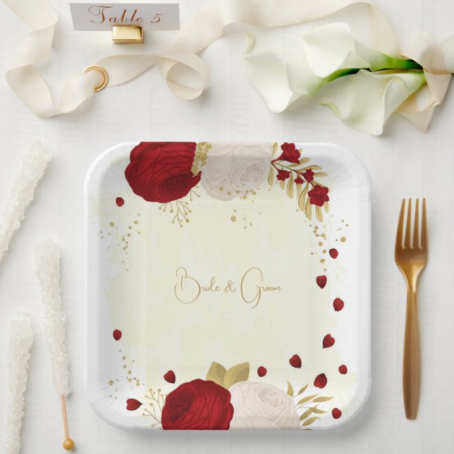 Assiettes En Carton Romantique rouge foncé & fleurs blanches or (Mariage)