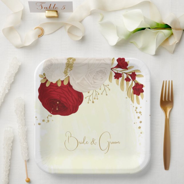 Assiettes En Carton Romantique rouge foncé & fleurs blanches or (Mariage)