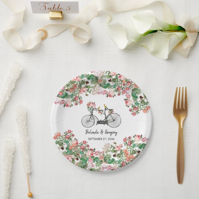 Assiettes En Carton Romantique Vintage Vélo Fleurs & Oiseaux Mariage (Mariage)