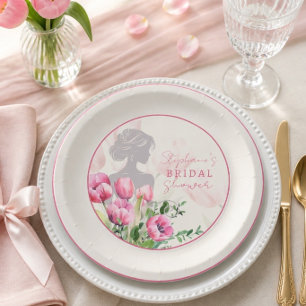 Assiettes En Carton Rond de tulipe rose pour la douche de mariée