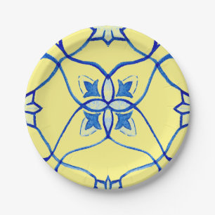 Assiettes En Carton Rond Méditerranéen Jaune et Bleu