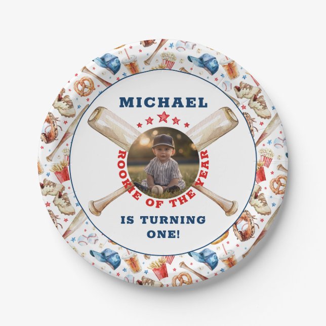 Assiettes En Carton Rookie de l'année Watercolor Baseball Anniversaire (Devant)