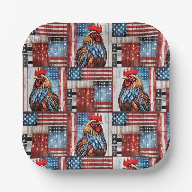 Assiettes En Carton Rooster American Flag Art populaire (Recto)