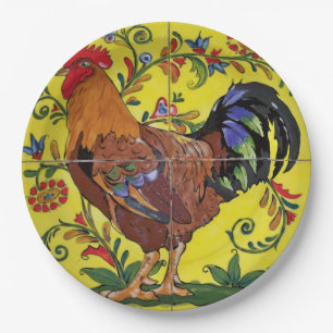 Assiettes En Carton Rooster Jaune Carrelage Floral Folk Art Pays