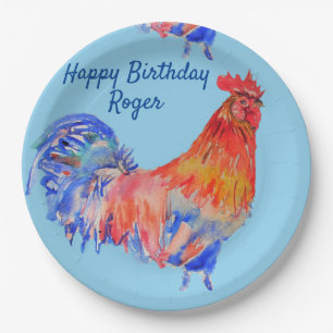 Assiettes En Carton Rooster Rouge Aquarelle Anniversaire Plaque Papier