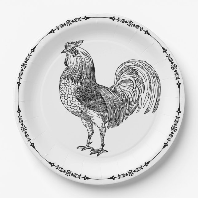 Assiettes En Carton Rooster rustique noir et blanc (Devant)