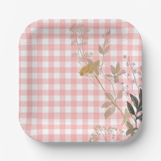 Assiettes En Carton Rose Blanc Floral En vichy Plaid Country Farmhouse (Recto)