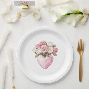 Assiettes En Carton Rose blanc Rose Rose Fête des mariées de coeur flo